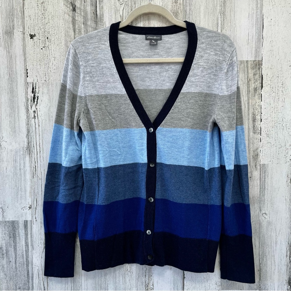 EDDIE BAUER Grey Blue Striped Cardigan Sweater M